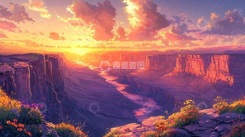 高清大图下载【趣麦麦图】壮丽峡谷日落美景
