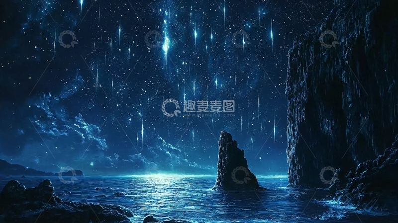 高清大图下载【趣麦麦图】蓝色星空下的海岸礁石
