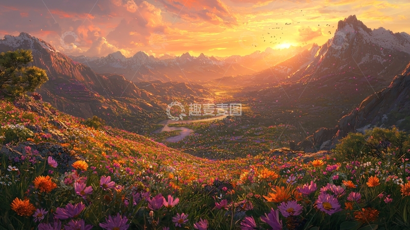 高清大图下载【趣麦麦图】夕阳下的山谷花海