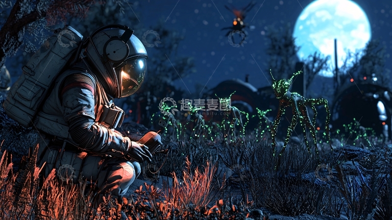 高清大图下载【趣麦麦图】宇航员夜间遭遇外星生物