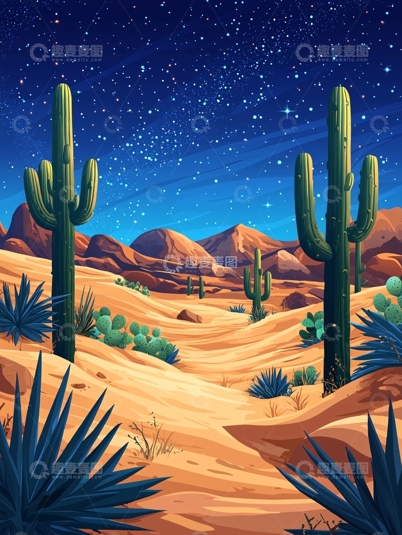 高清大图下载【趣麦麦图】沙漠夜晚仙人掌星空