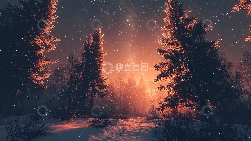 高清大图下载【趣麦麦图】冬日森林星空唯美梦幻