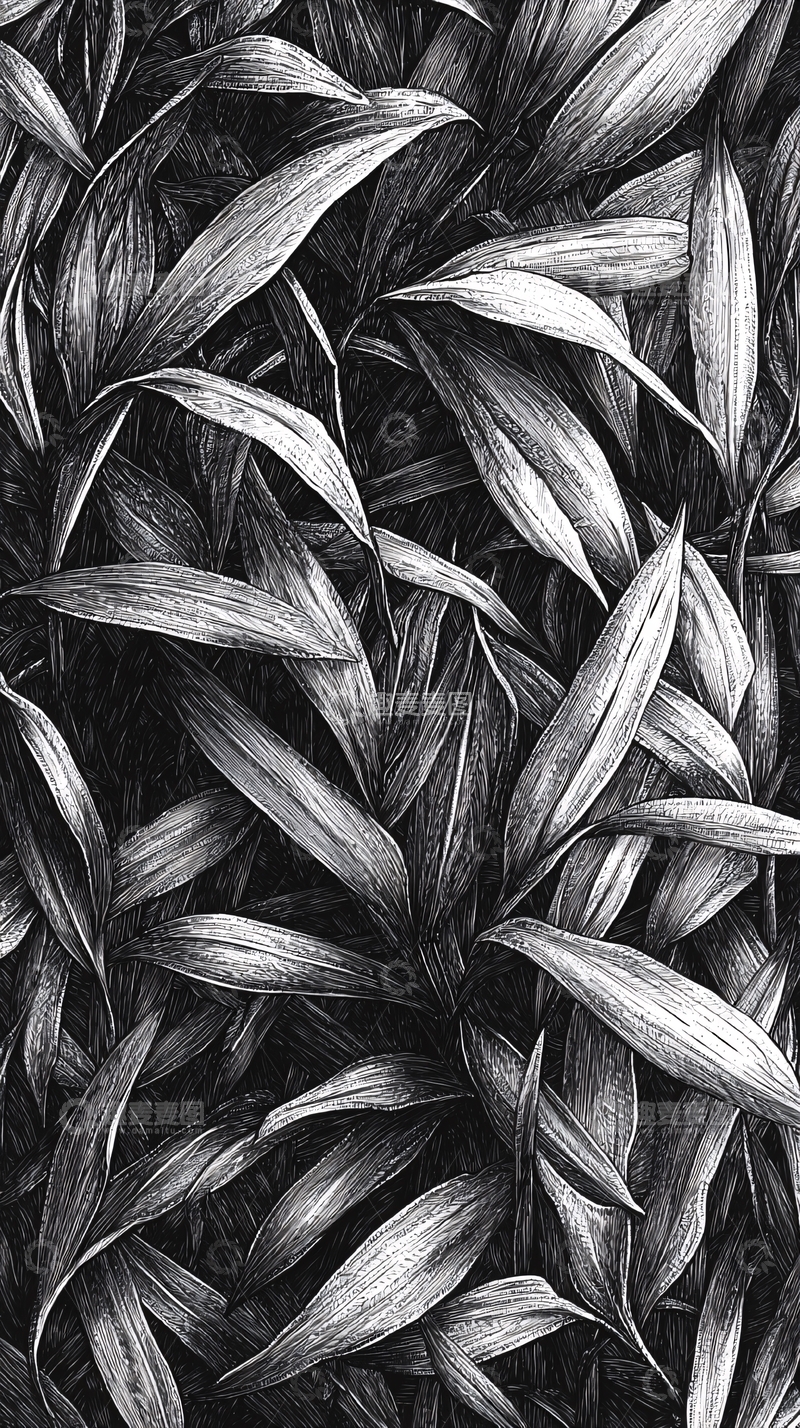 高清大图下载【趣麦麦图】细长叶子的黑白手绘图案