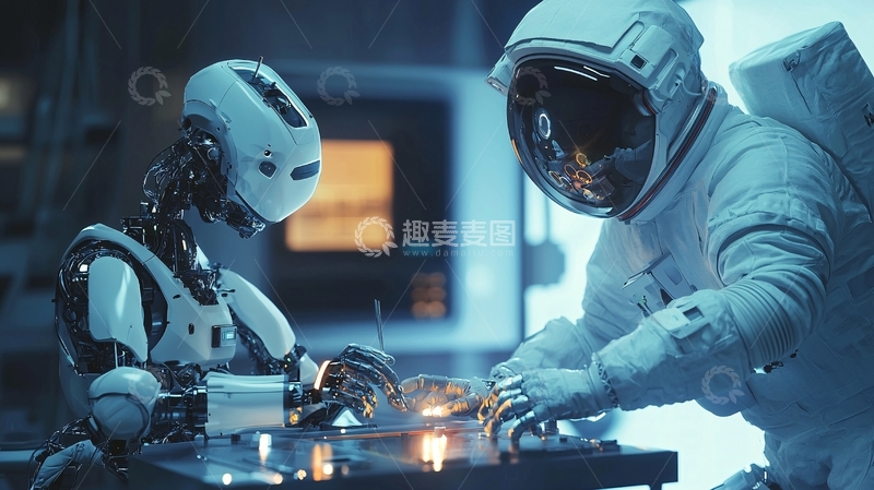 高清大图下载【趣麦麦图】宇航员与机器人合作