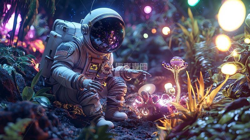 高清大图下载【趣麦麦图】宇航员与发光植物