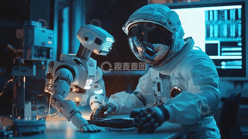 高清大图下载【趣麦麦图】宇航员与机器人协作