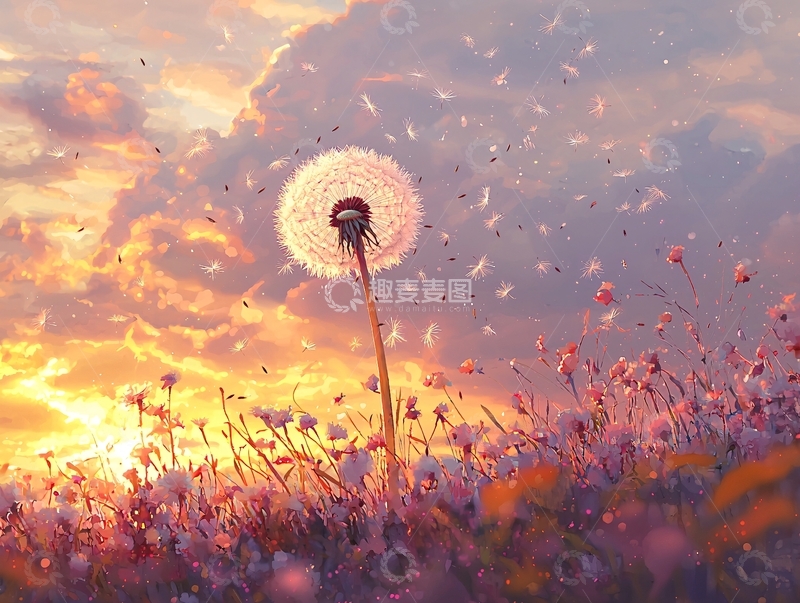 高清大图下载【趣麦麦图】蒲公英在金色夕阳下飞舞