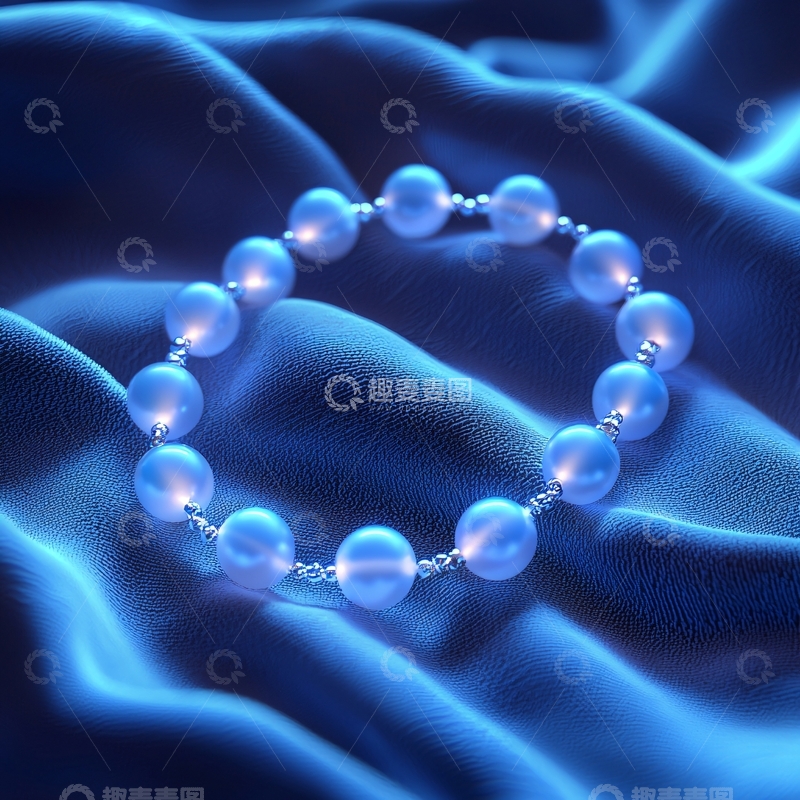 高清大图下载【趣麦麦图】蓝色丝绸上的珍珠手链