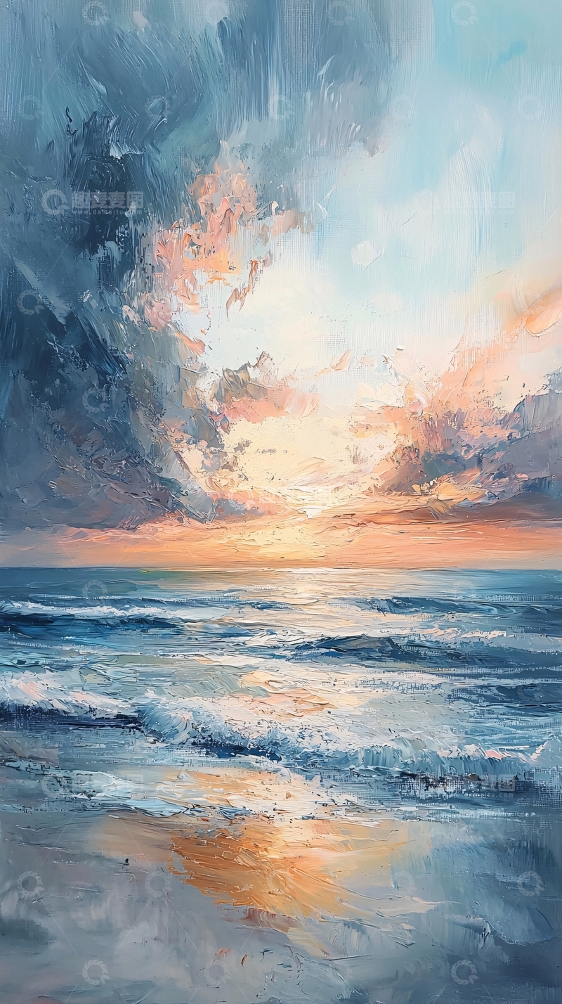 高清大图下载【趣麦麦图】海边日落油画风格