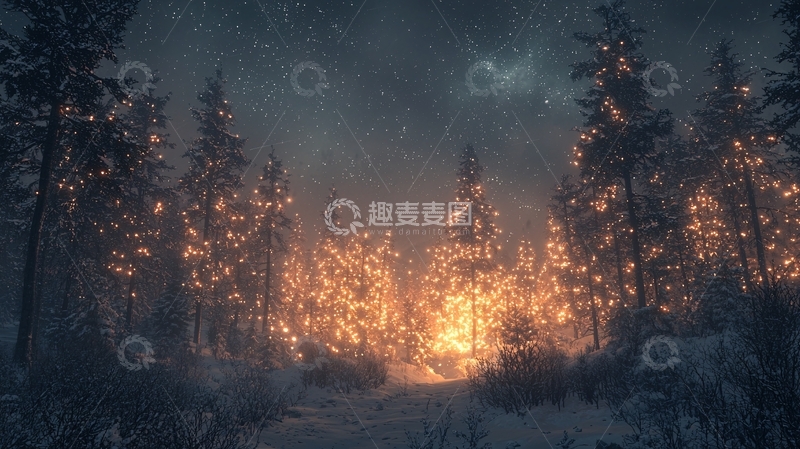 高清大图下载【趣麦麦图】雪夜森林中的温暖光芒