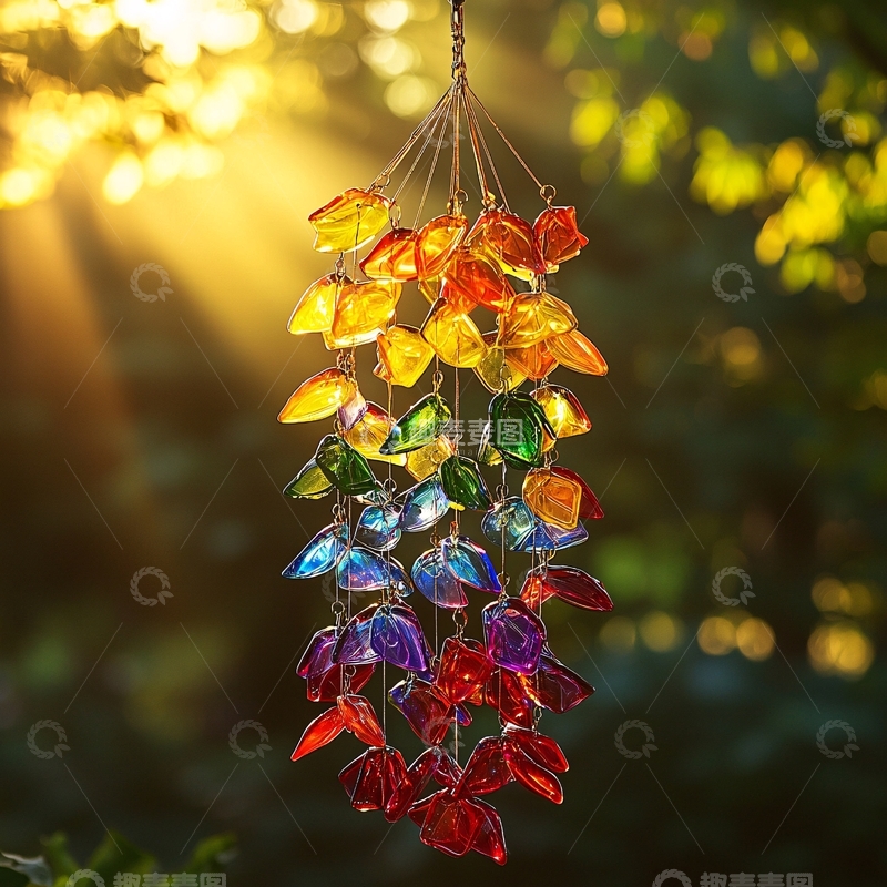 高清大图下载【趣麦麦图】彩色玻璃叶片风铃