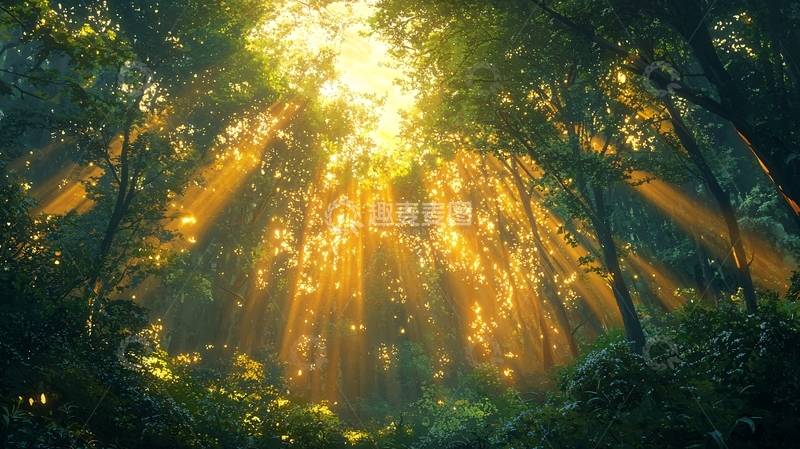 高清大图下载【趣麦麦图】森林光线穿透树叶