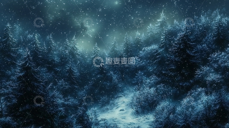 高清大图下载【趣麦麦图】雪夜森林星空