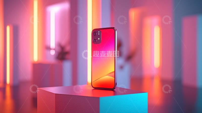 高清大图下载【趣麦麦图】彩色手机在霓虹灯光背景下