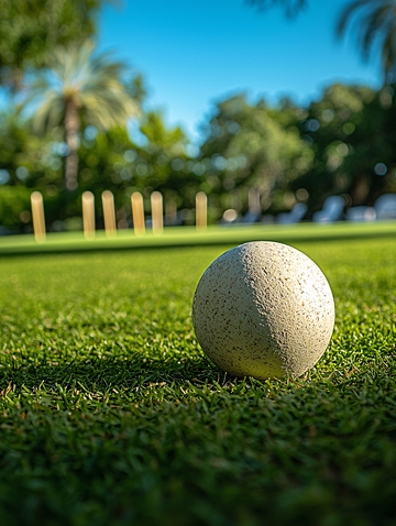 草地上白色球体与木桩