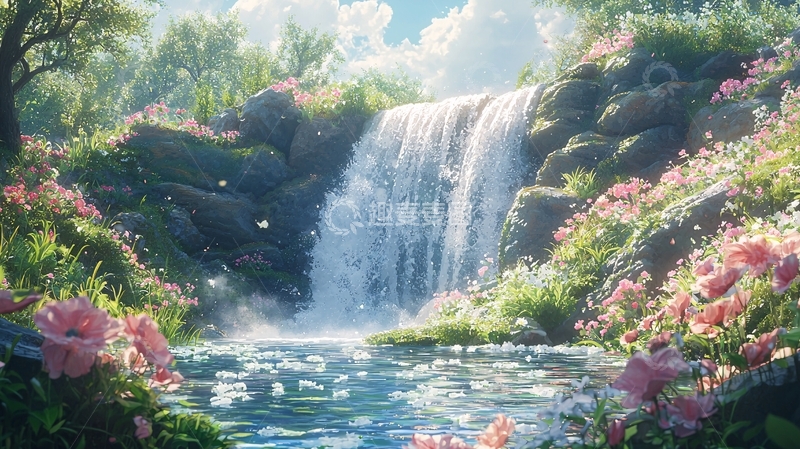 高清大图下载【趣麦麦图】美丽瀑布鲜花环绕