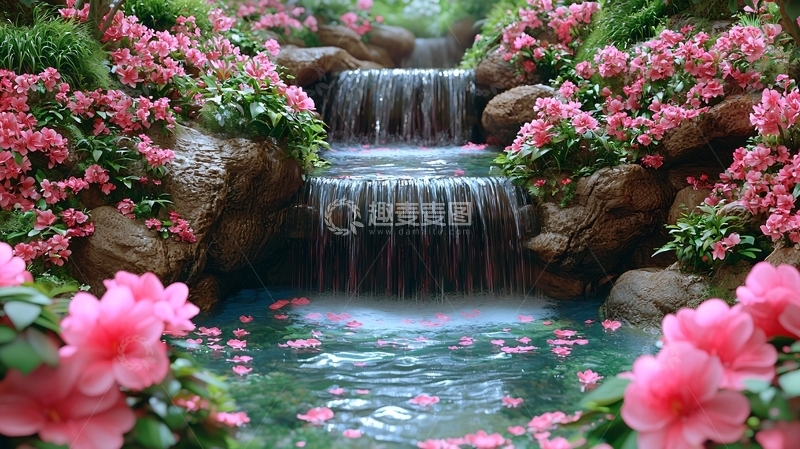 高清大图下载【趣麦麦图】瀑布流水花卉构成的美丽景色
