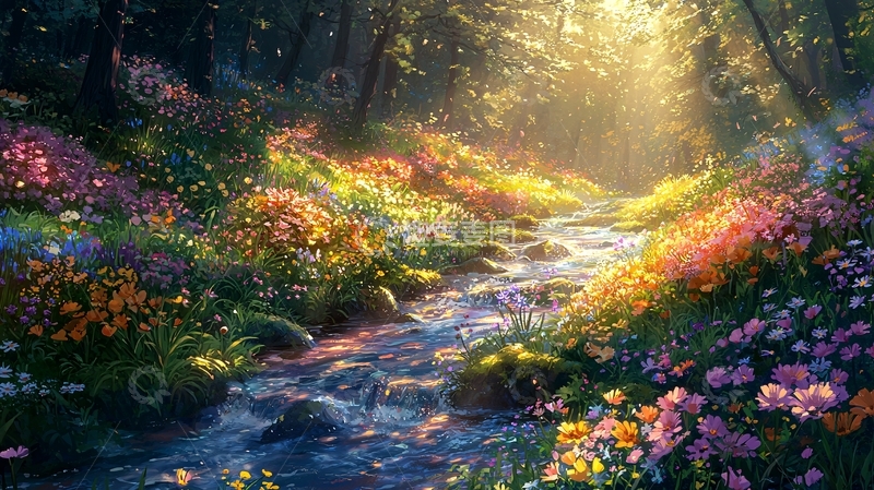 高清大图下载【趣麦麦图】鲜花盛开的梦幻小溪
