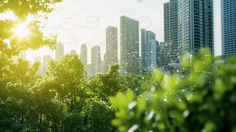 高清大图下载【趣麦麦图】阳光透过树叶照射城市