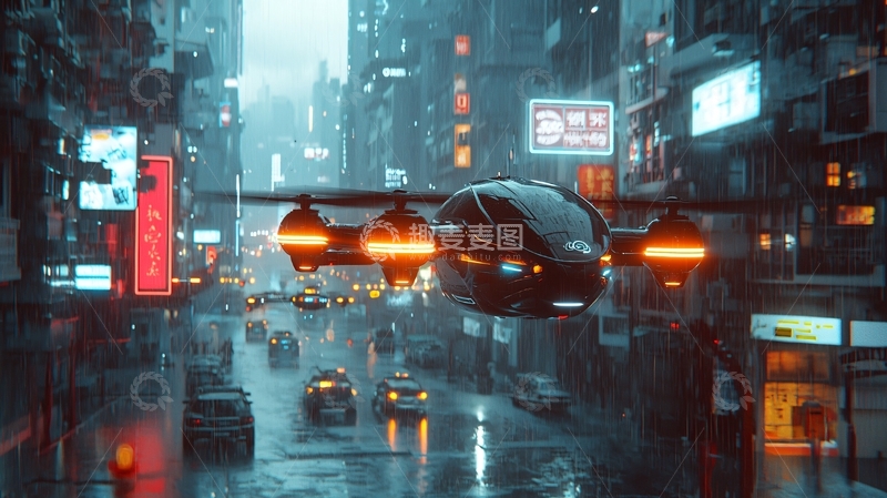 高清大图下载【趣麦麦图】雨夜都市飞行汽车