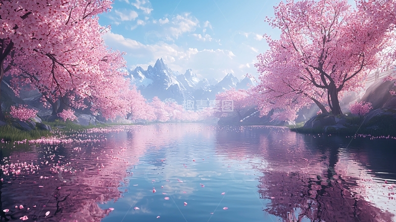 高清大图下载【趣麦麦图】粉色樱花盛开的湖边景色