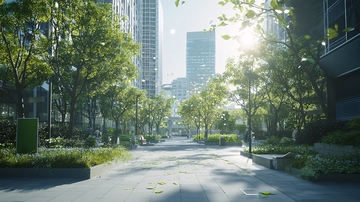 阳光洒落在城市绿荫大道