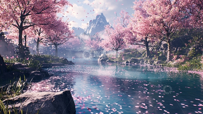 高清大图下载【趣麦麦图】美丽樱花树下河流景观