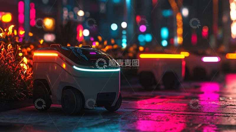 高清大图下载【趣麦麦图】夜间城市自动驾驶送货机器人