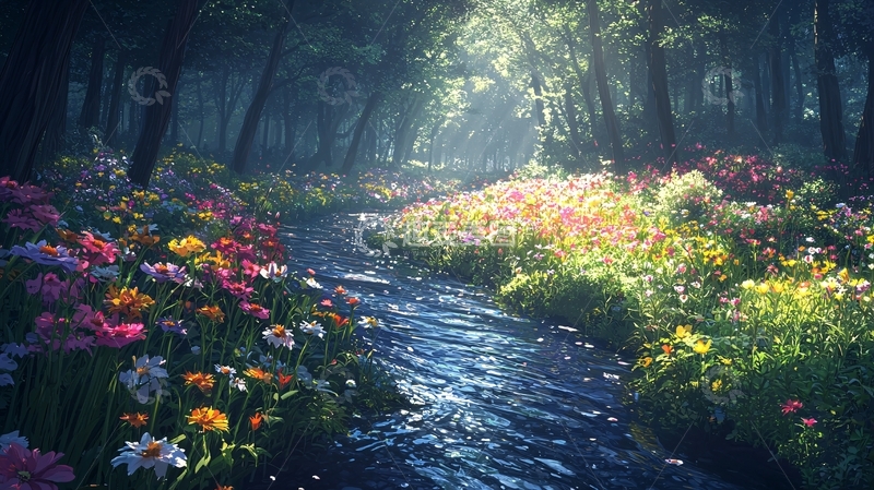 高清大图下载【趣麦麦图】鲜花盛开的森林小溪