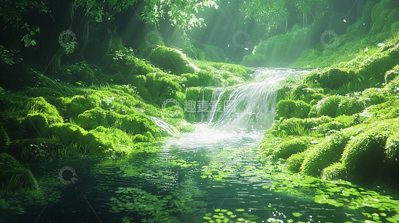 高清大图下载【趣麦麦图】绿意盎然的瀑布小溪