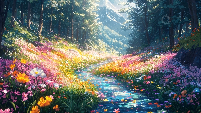 高清大图下载【趣麦麦图】鲜花盛开的森林小路