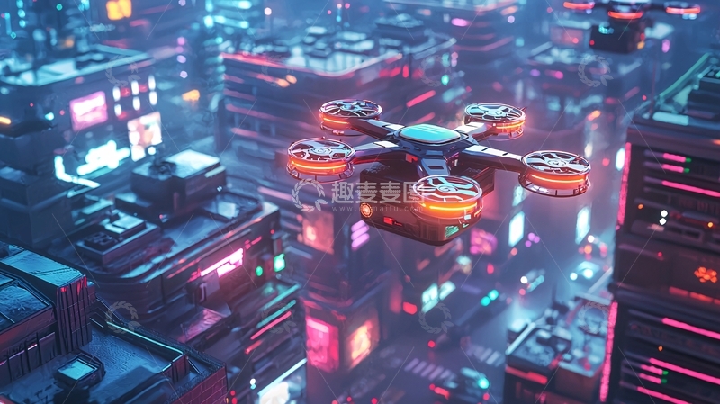 高清大图下载【趣麦麦图】未来都市夜景无人机