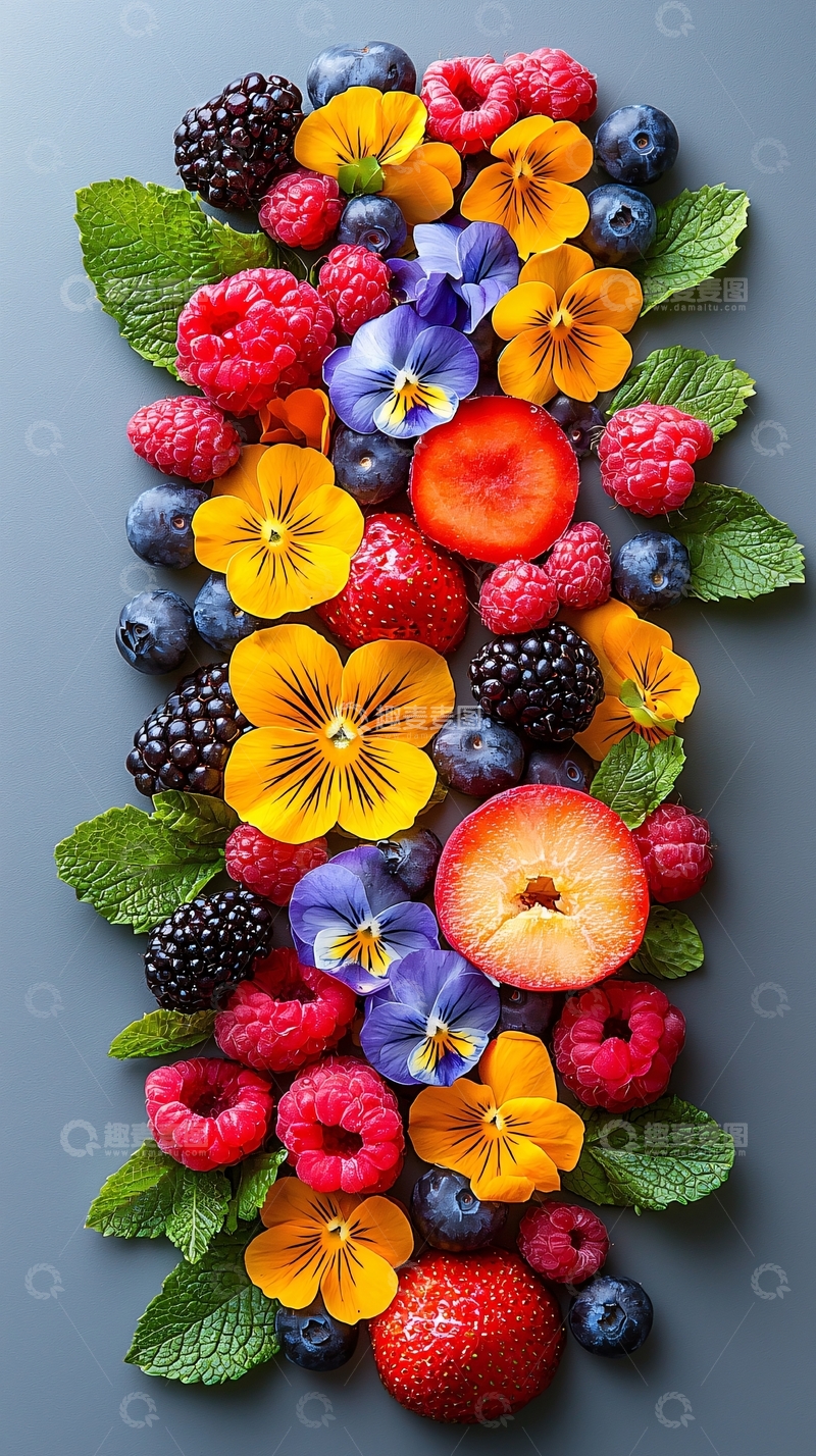 高清大图下载【趣麦麦图】莓果与鲜花混合排列