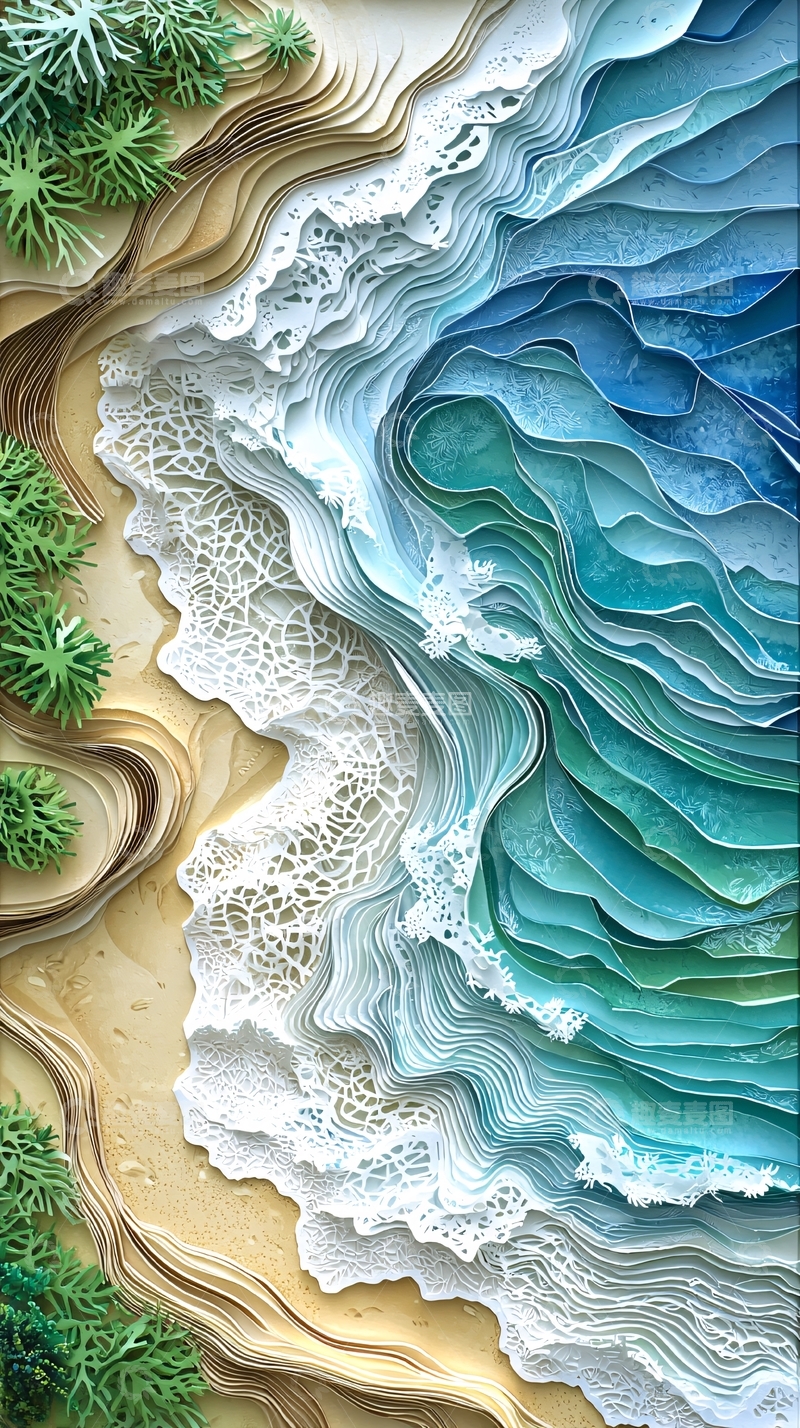 高清大图下载【趣麦麦图】海浪拍打沙滩的艺术画面