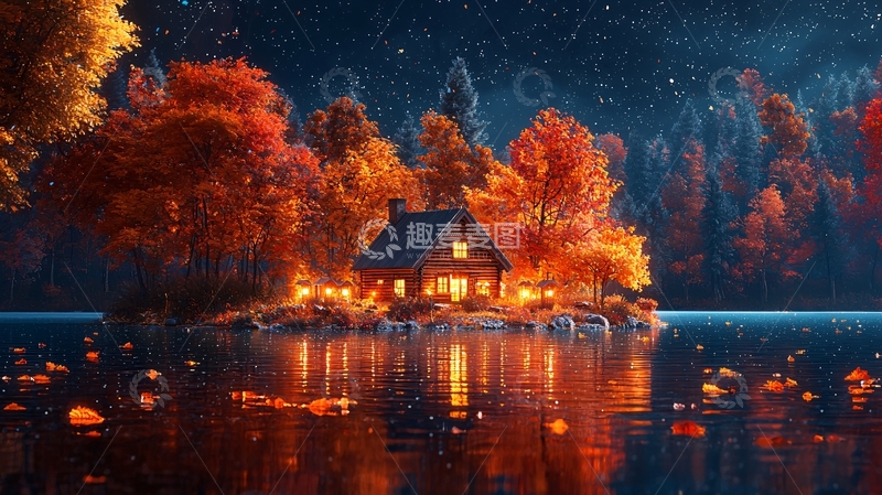 高清大图下载【趣麦麦图】湖中小屋秋夜星空