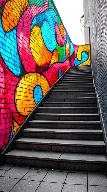 彩色涂鸦砖墙旁的灰色楼梯