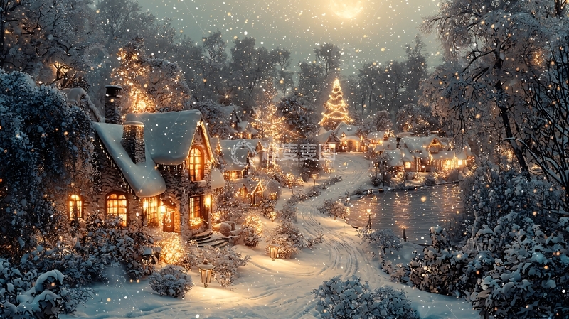 高清大图下载【趣麦麦图】冬日雪夜小屋唯美意境