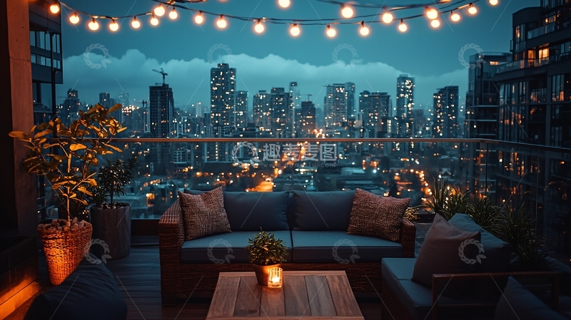 高清大图下载【趣麦麦图】城市夜景下的露台派对