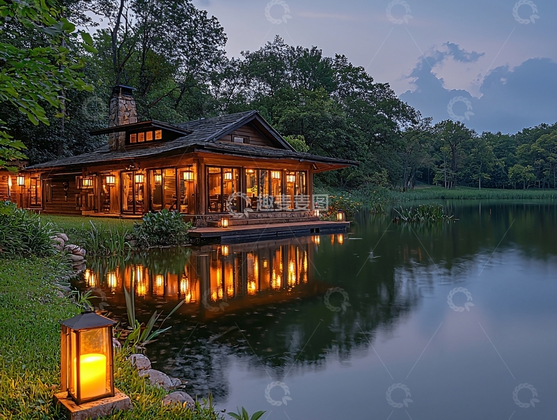 高清大图下载【趣麦麦图】湖边亮灯木屋夜景