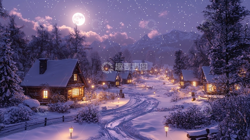 高清大图下载【趣麦麦图】雪夜乡村小屋