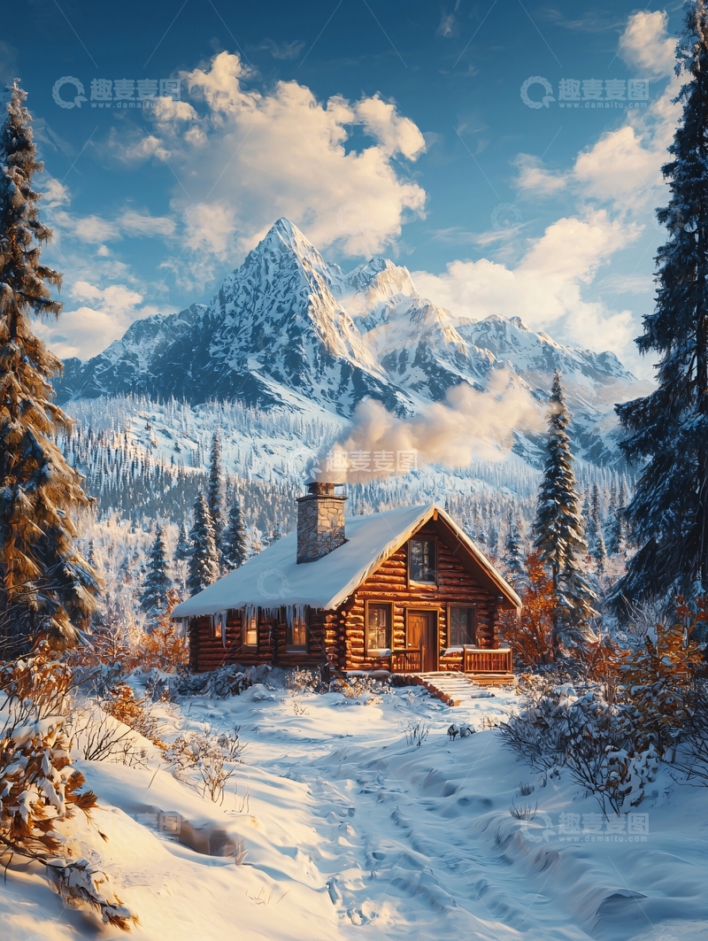 高清大图下载【趣麦麦图】雪山木屋