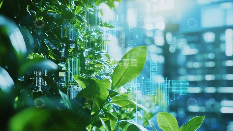 高清大图下载【趣麦麦图】绿叶植物与科技数据背景