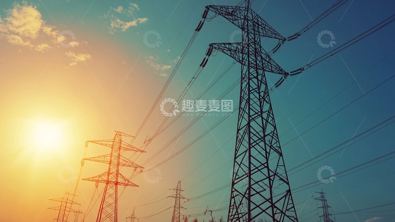 高清大图下载【趣麦麦图】高压电塔日落剪影