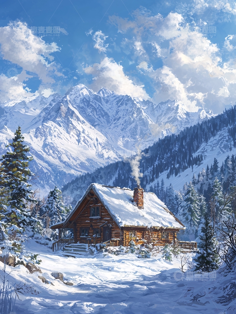 高清大图下载【趣麦麦图】雪山下的木屋