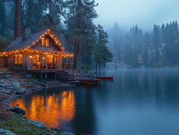 湖边小屋夜晚灯光