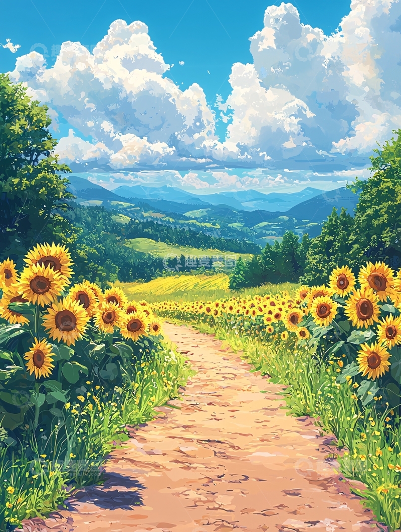 高清大图下载【趣麦麦图】向日葵田间的小路和蓝天白云