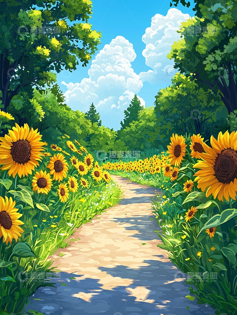 高清大图下载【趣麦麦图】向日葵田小路