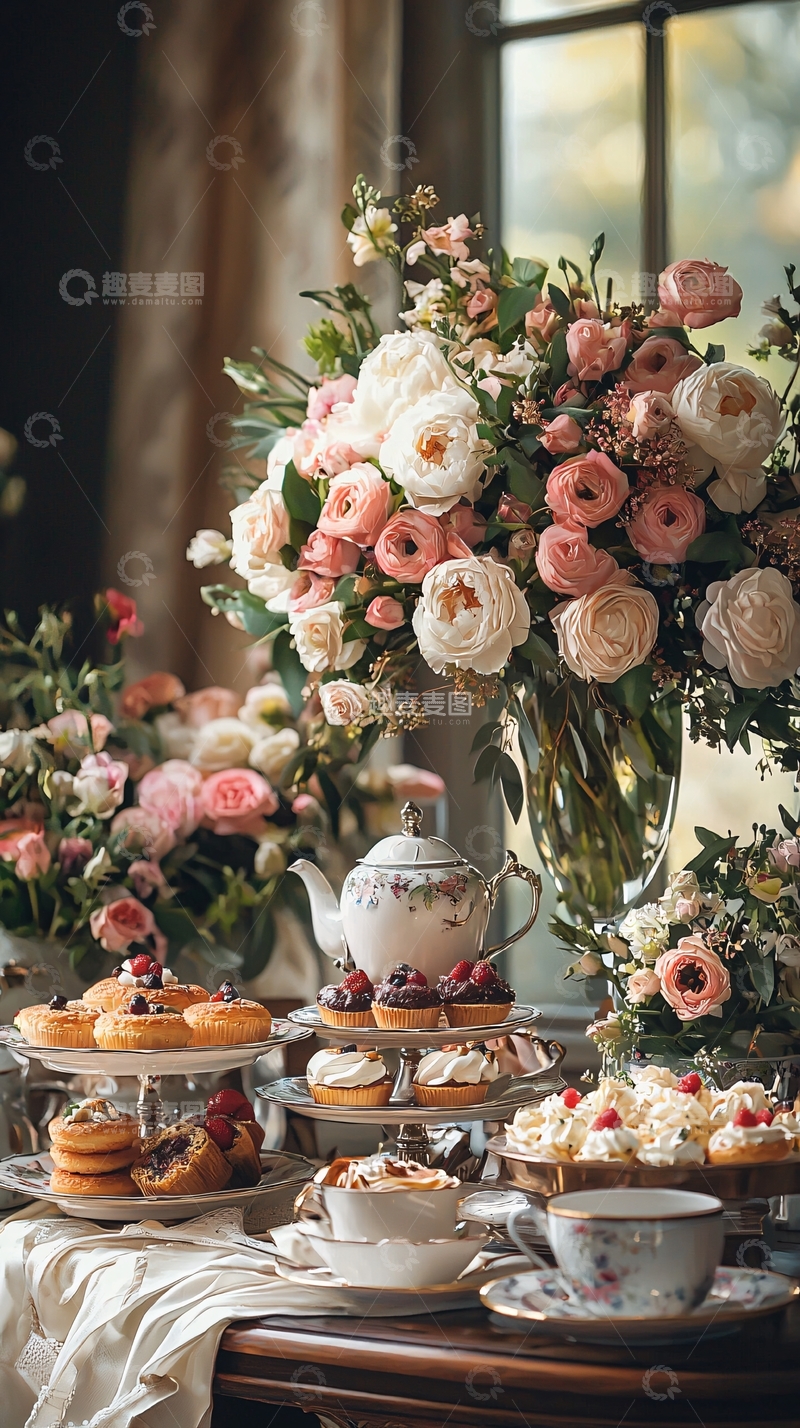 高清大图下载【趣麦麦图】精美下午茶点鲜花静物