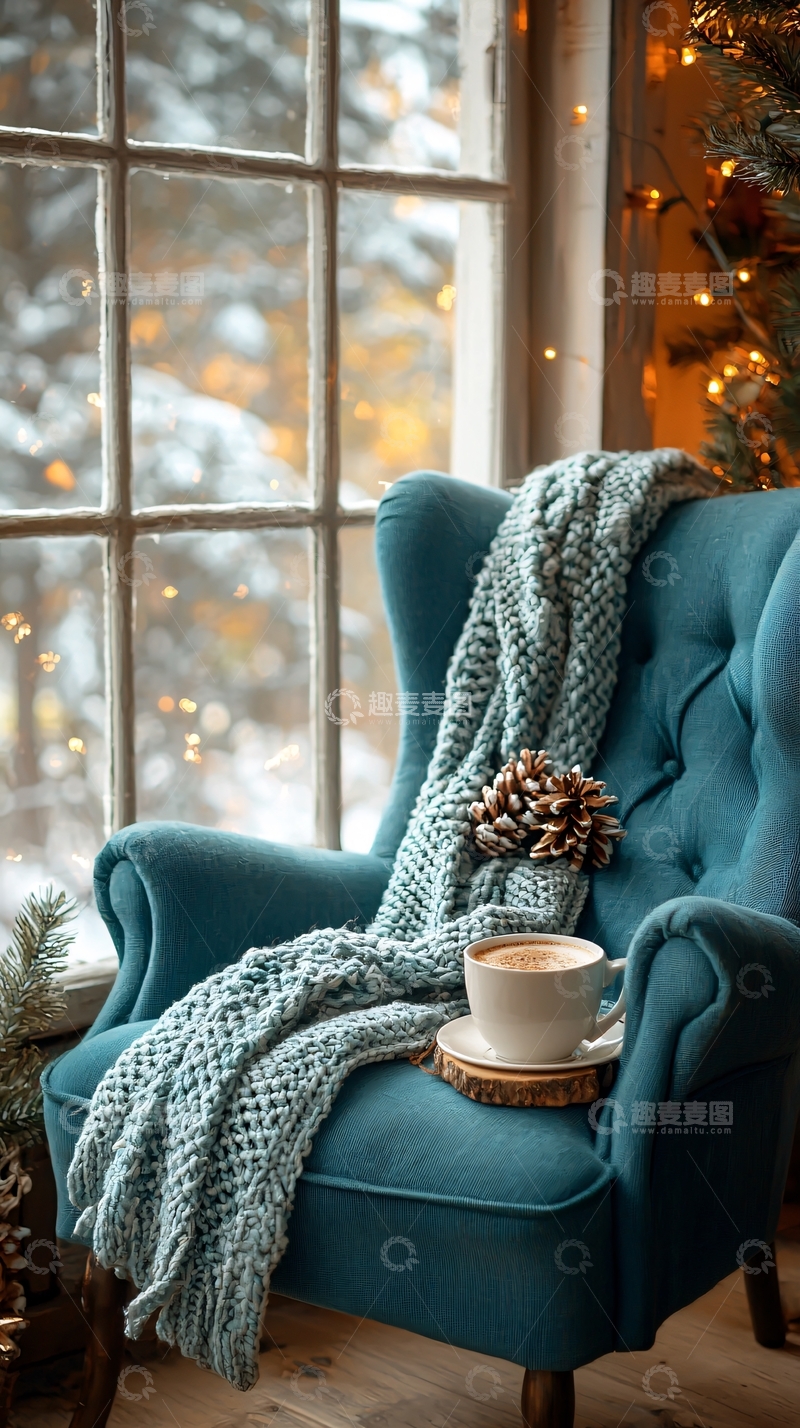 高清大图下载【趣麦麦图】壁炉旁的蓝色扶手椅