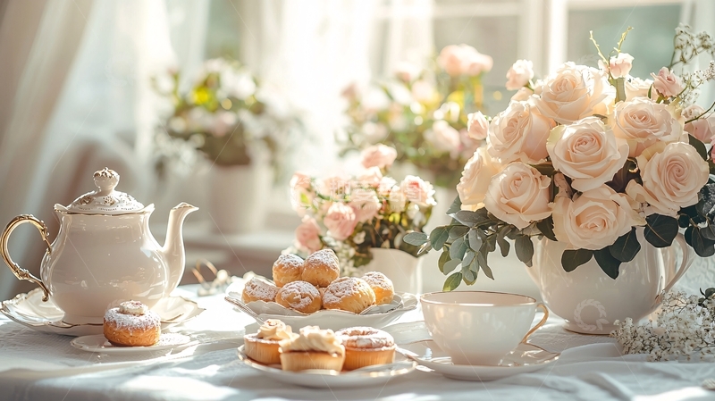 高清大图下载【趣麦麦图】精致茶点与玫瑰的午后